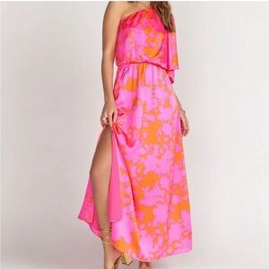 Sugarlips One-Shoulder Maxi Dress in Hot Pink and Bright Orange